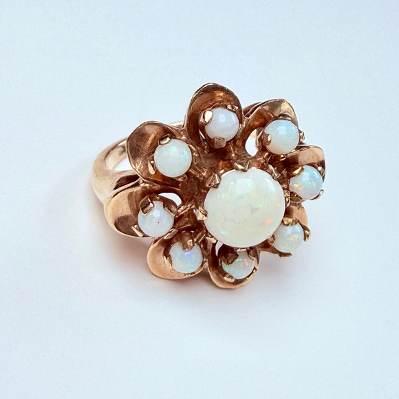 Estate 14K Solid Yellow Gold Australian Opal Vintage Atomic Retro Cocktail Ring - Picture 2 of 12